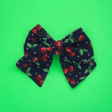 Load image into Gallery viewer, small navy sailor bow with cherry print