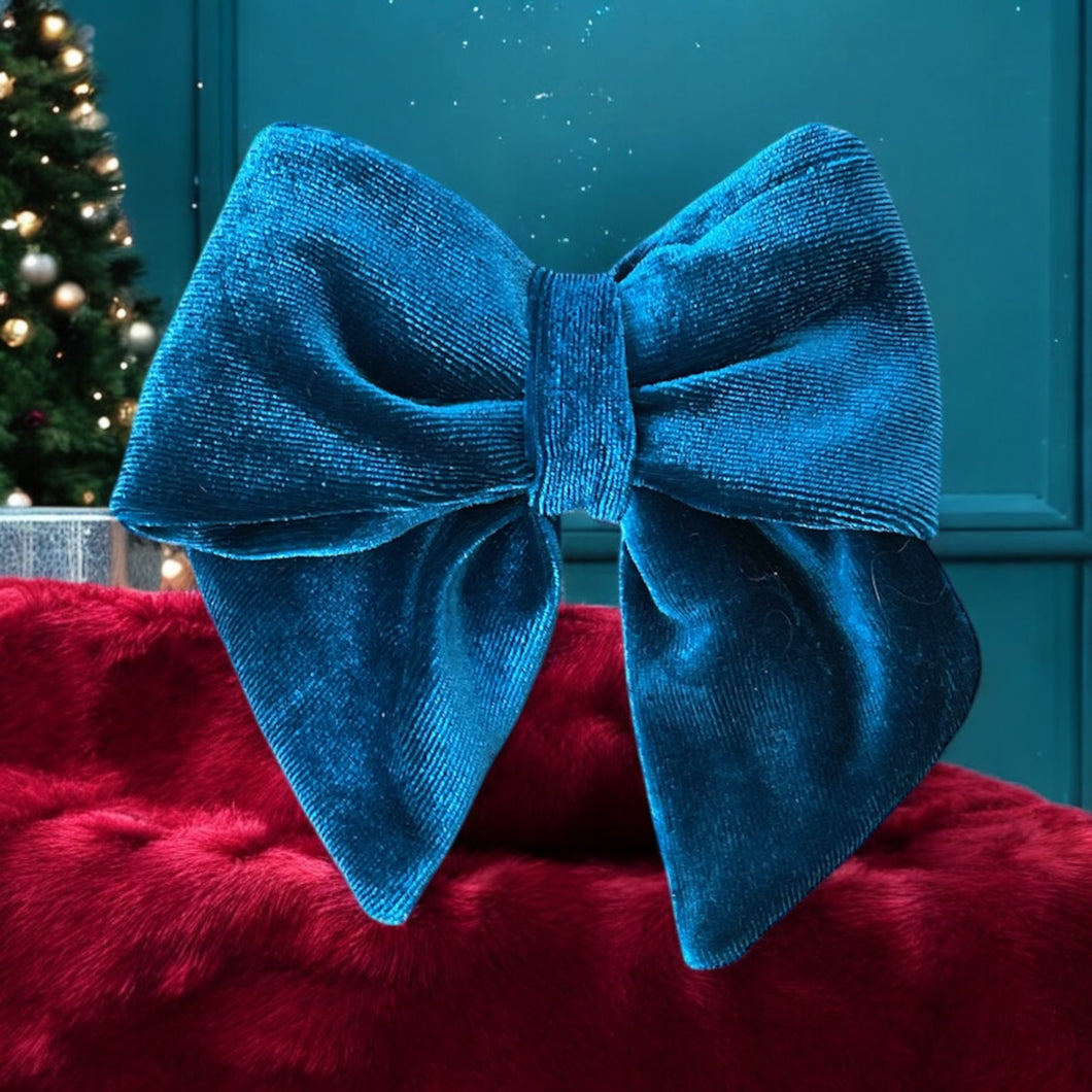 Christmas Velvet Sailor Bow Teal Blue